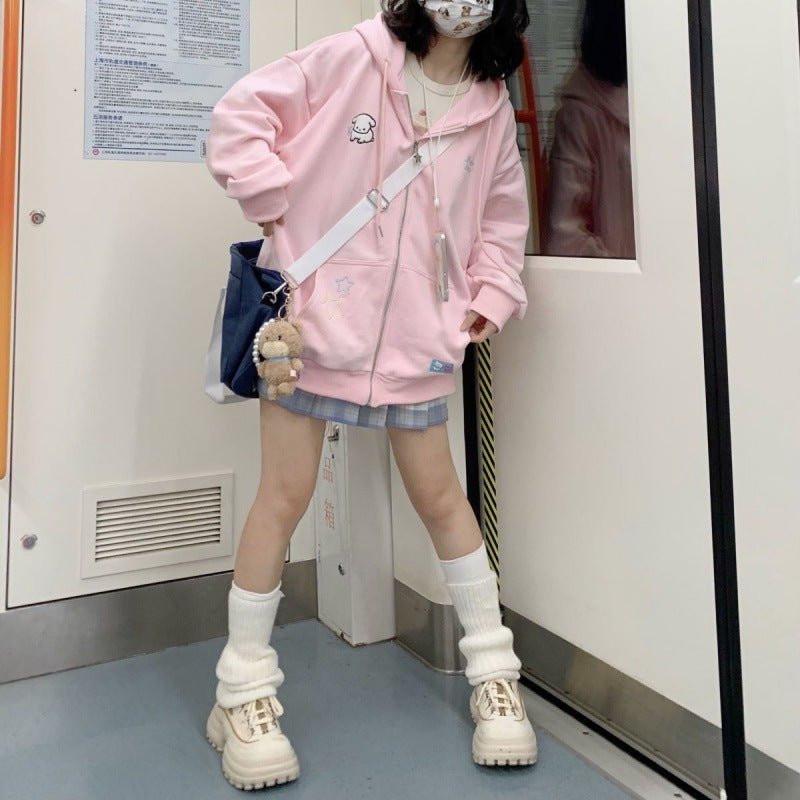 Sweet Little Dog Embroidered Loose And Versatile Hoodie For Women