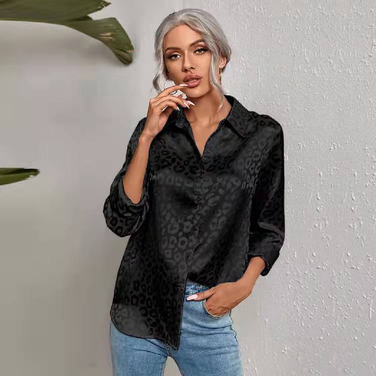 Lapel Button Leopard Jacquard Faux Silk Shirt
