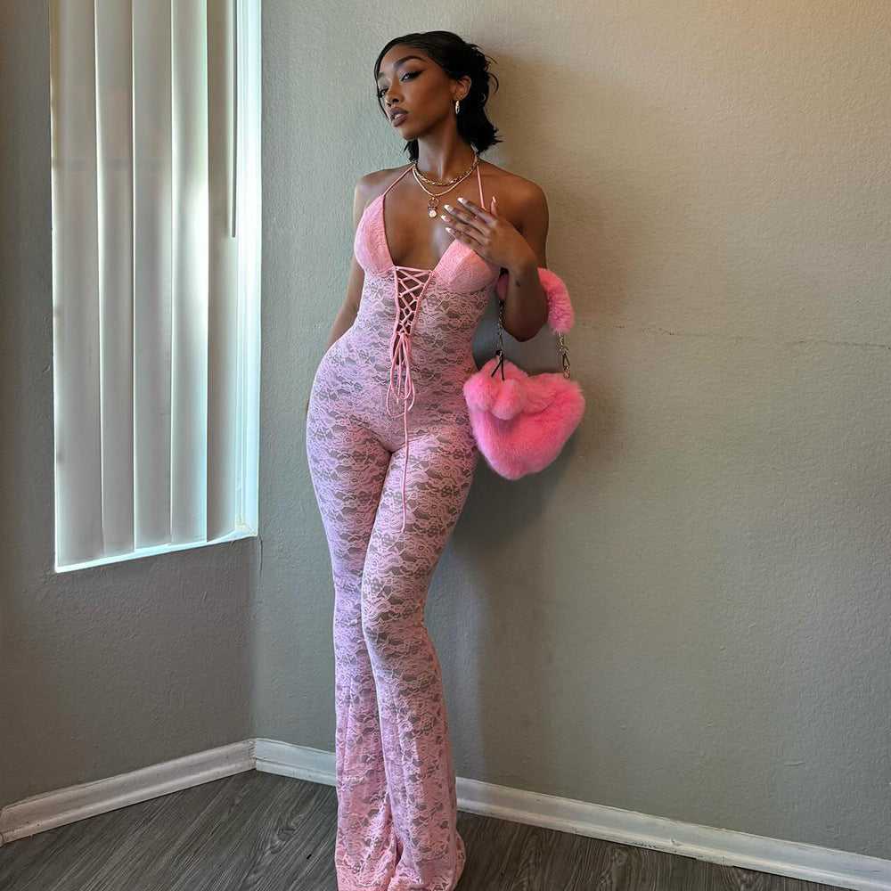See Through Halter Back Jumpsuit