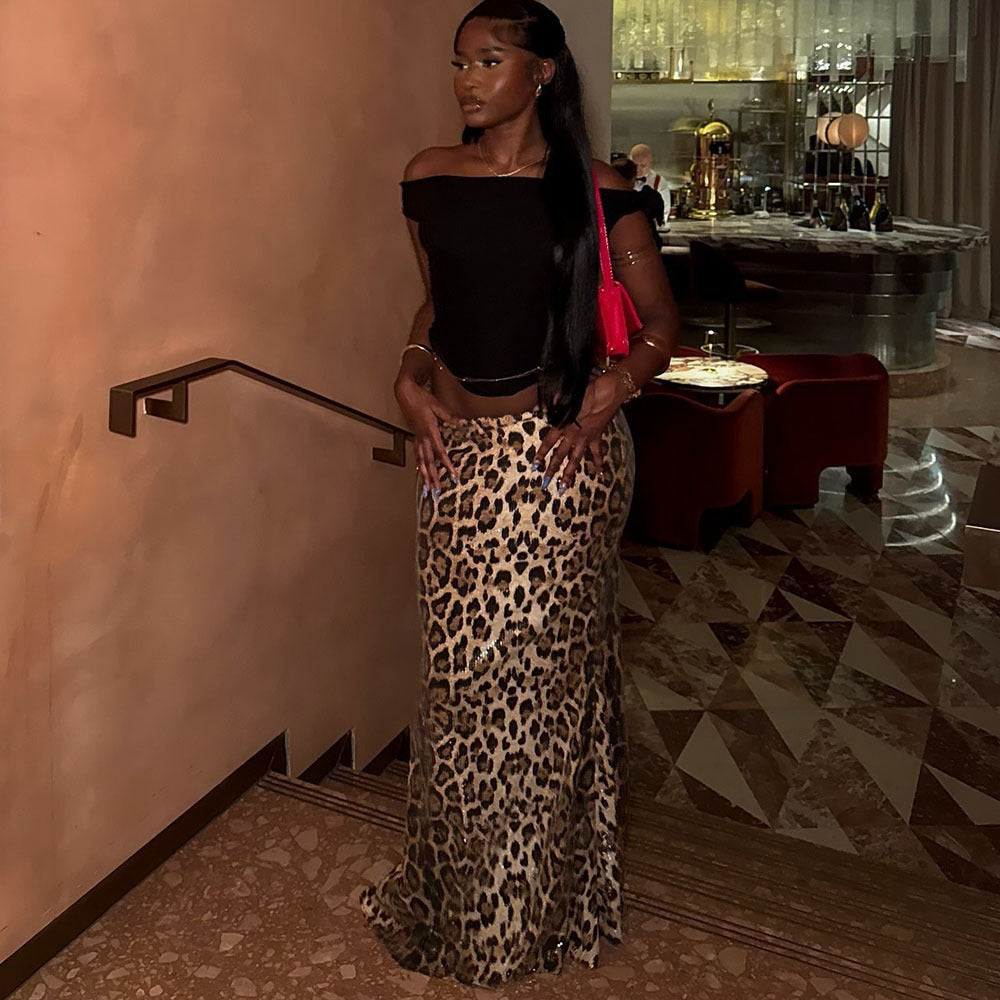 Leopard Print Sequin Stretch Skirt