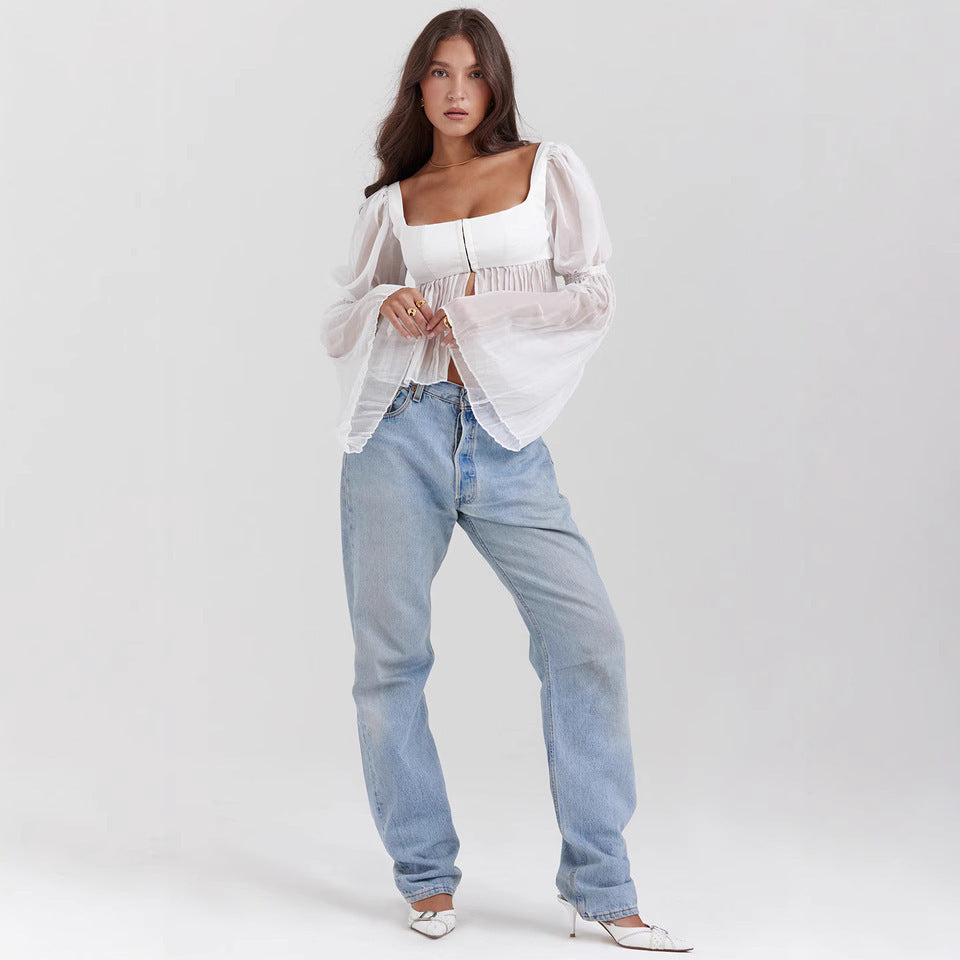 Elegant Sheer Square Collar Top