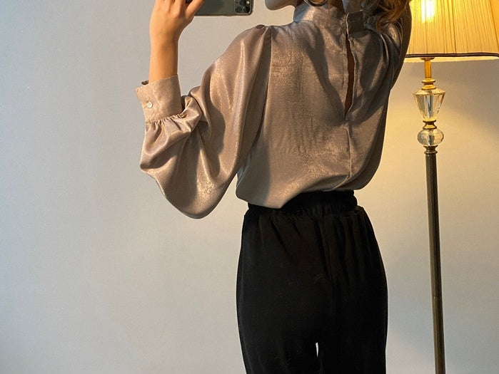 Elegant Satin Balloon Sleeve Blouse
