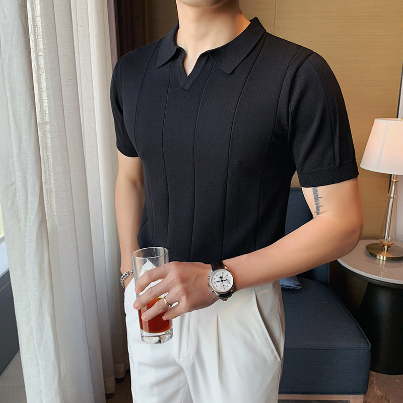 Men's V-neck Knitted Silk T-shirt