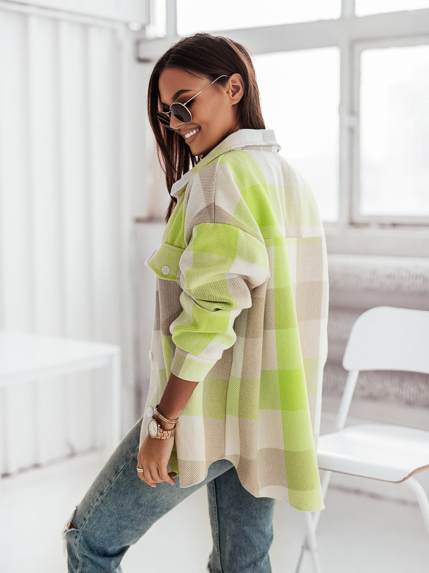 Women's Brushed Woolen Plaid Coat