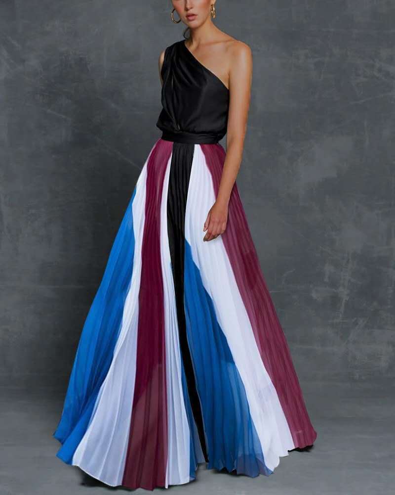 One Shoulder Contrast Maxi Dress