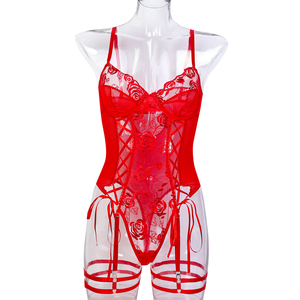 Erotic Red Rose Embroidered Lingerie