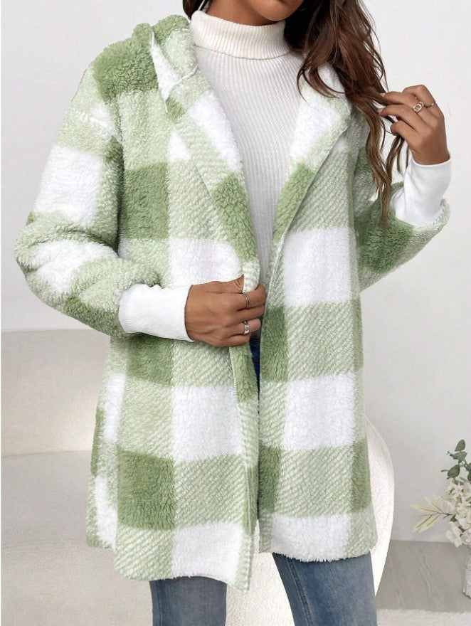 Loose Plaid Wool Long Cardigan For Women