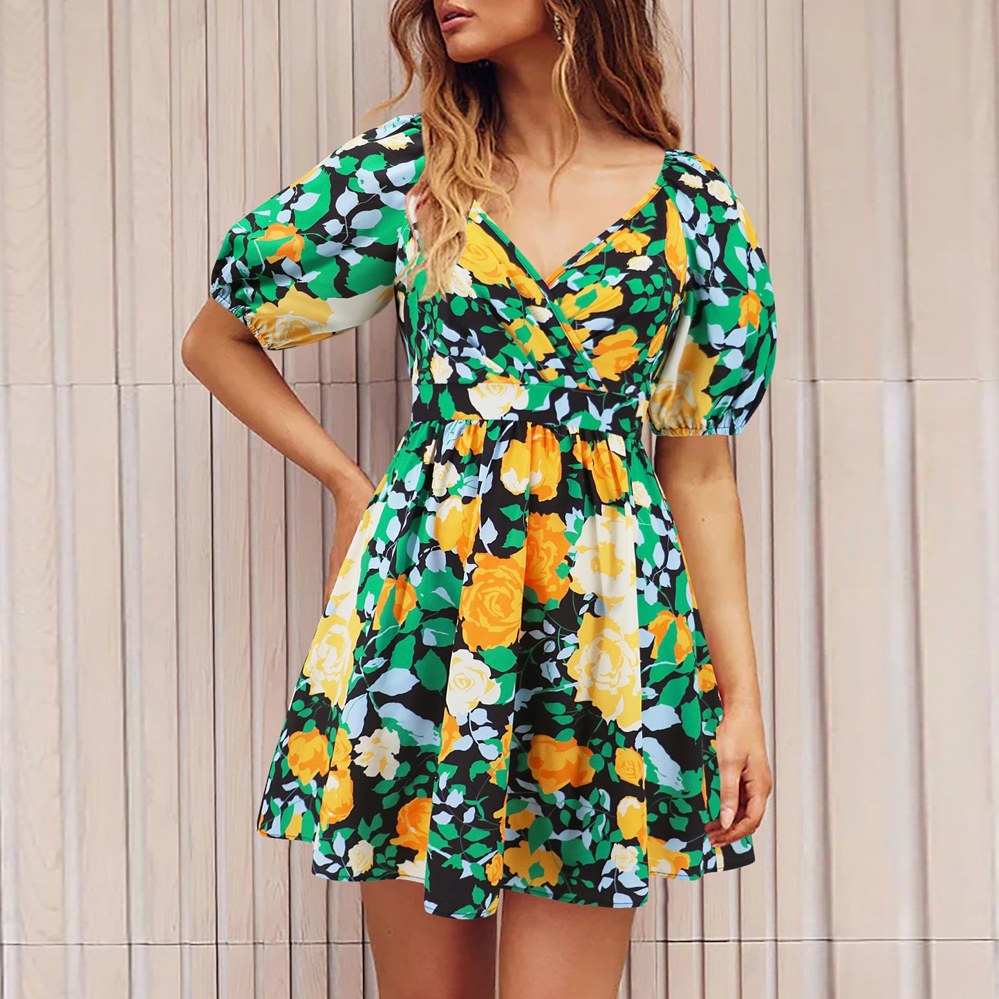 Printed V-Neck  Beach  Dress