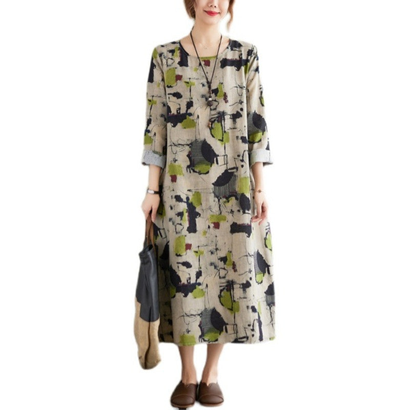 Vintage Linen Floral Print Dress