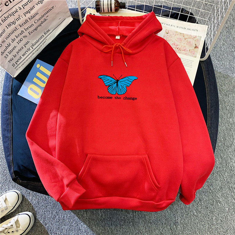 Single Butterfly Autumn And Winter Loose Hoodie For Women