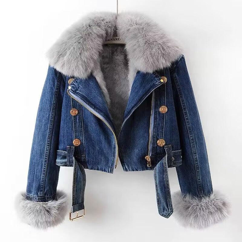 Detachable Fox Fur Liner Denim Coat