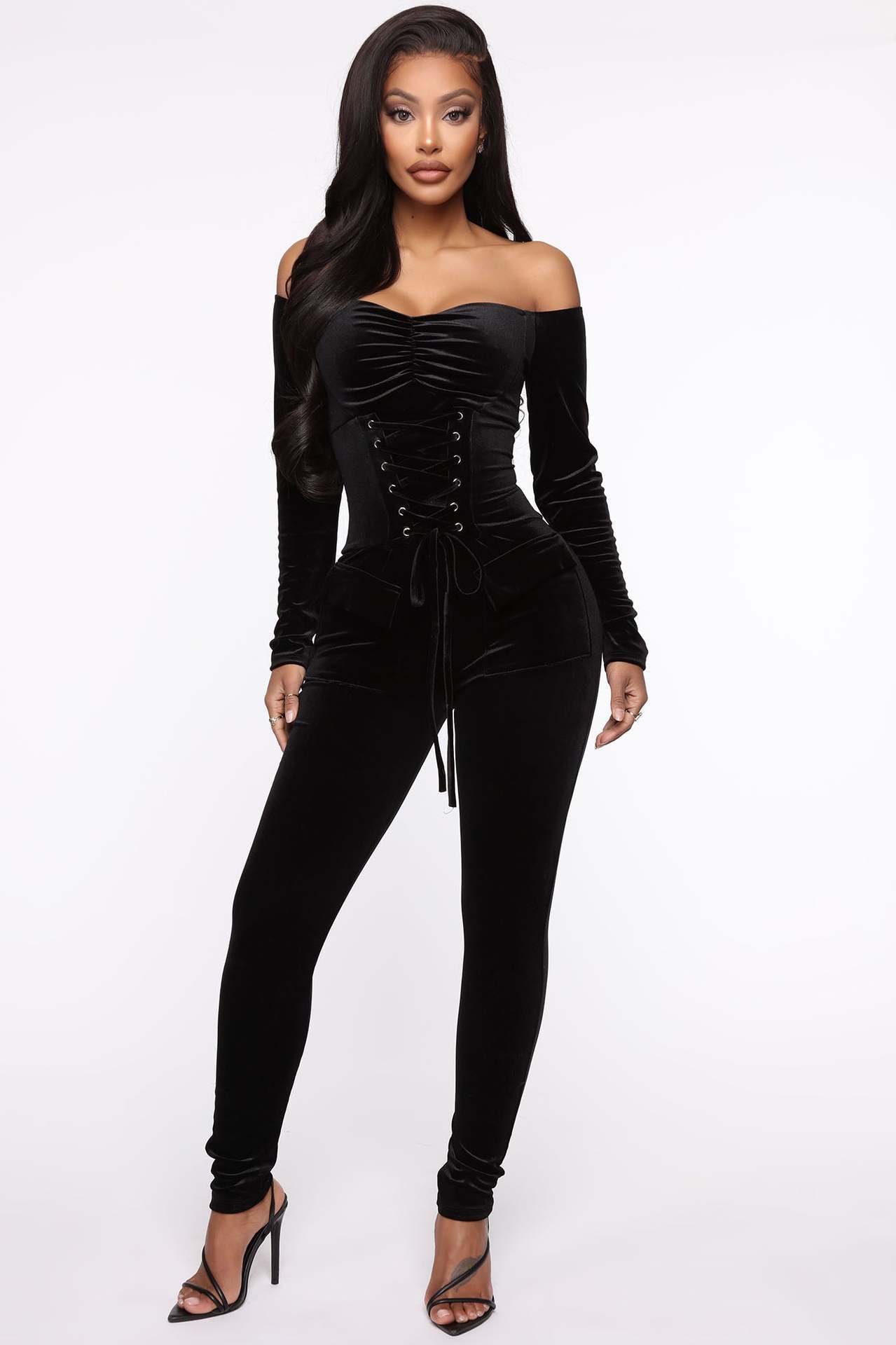 Velvet Off-the-shoulder Fitted Jumpsuit
