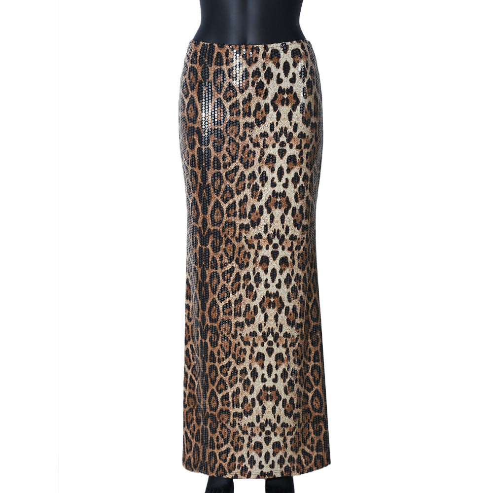 Leopard Print Sequin Stretch Skirt