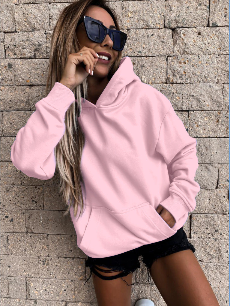 Long Sleeve Solid Color Pullover Hoodie For Women