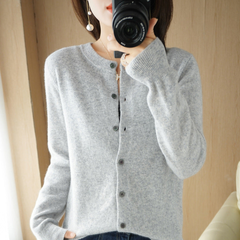 Backed Round Neck Knitted Cardigan For Women