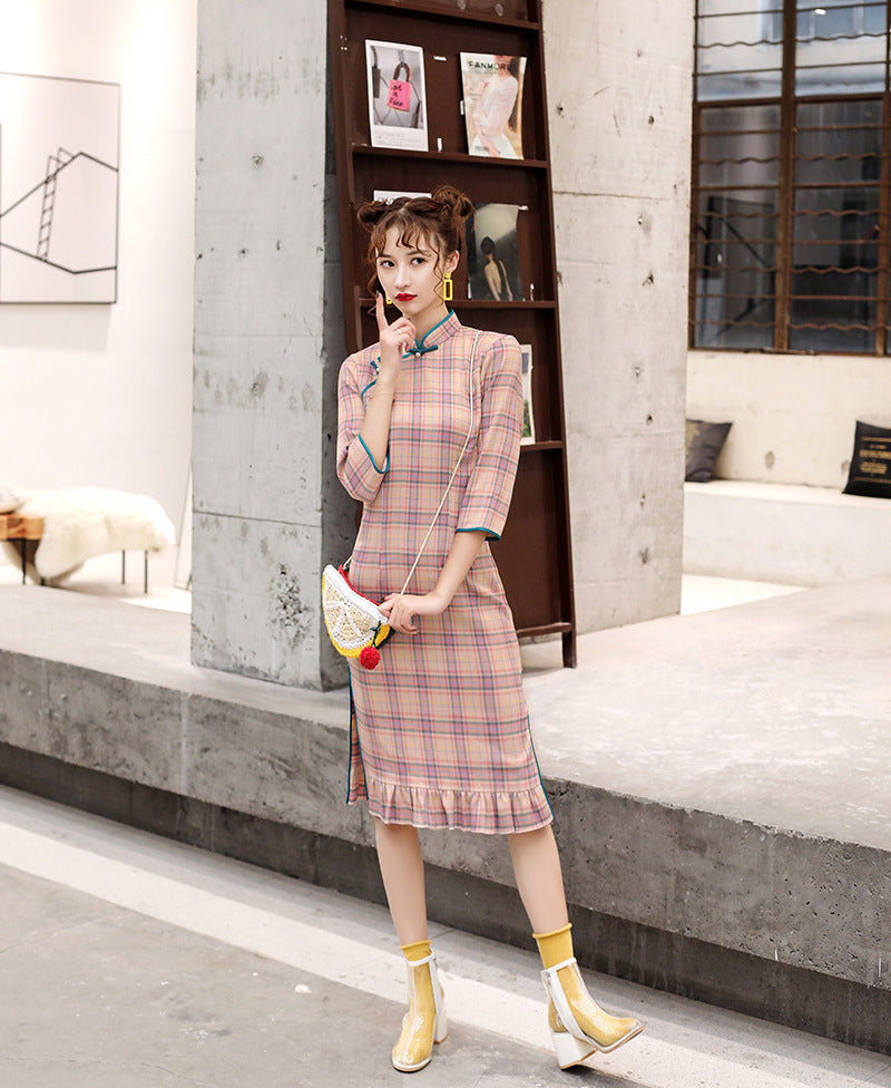 Retro Plaid Cheongsam Skirt