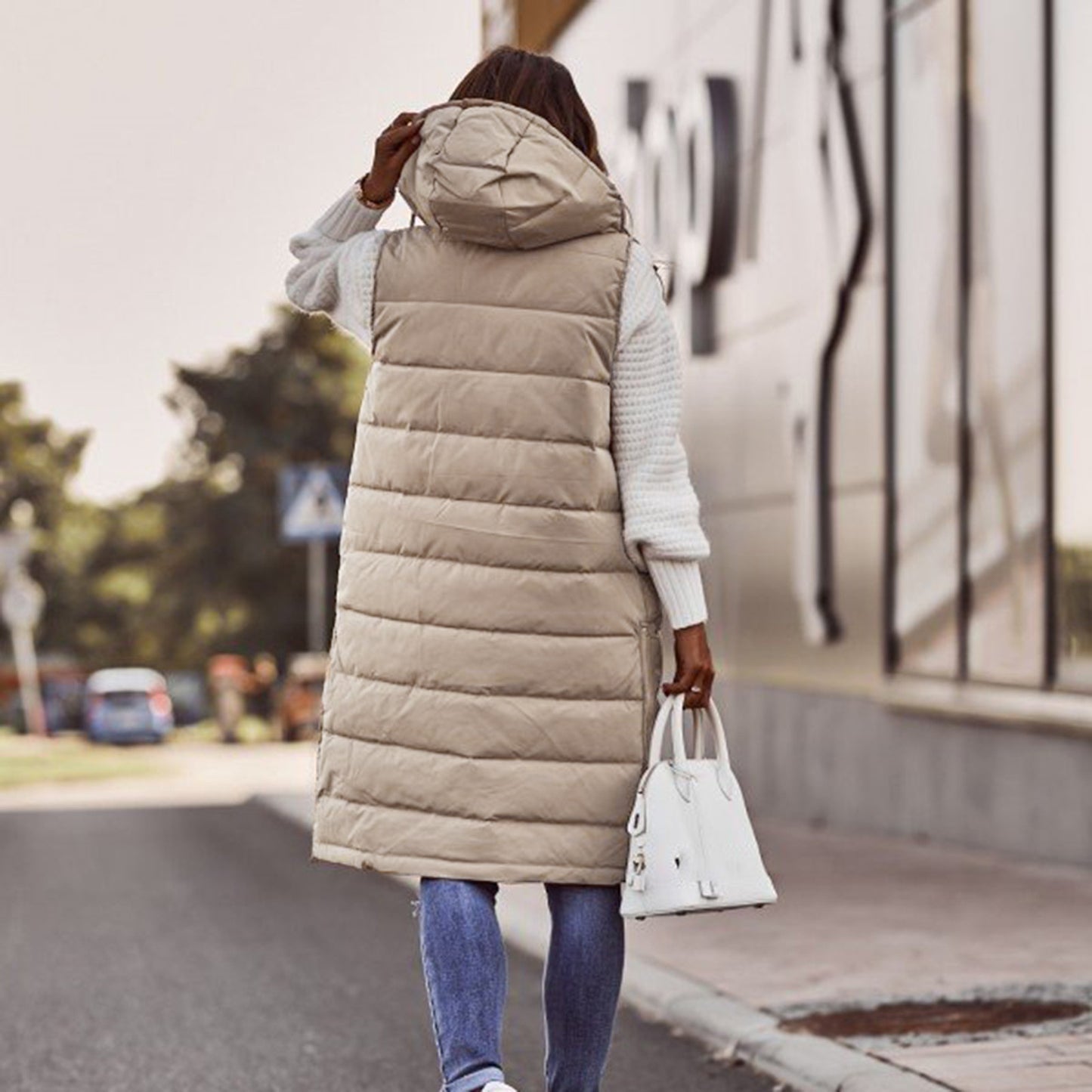 Solid Color Sleeveless Down Long Winter Jacket