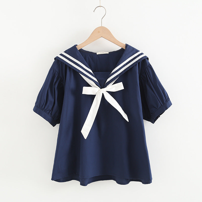 Elegant Cotton Pullover Sailor Collar Shirt