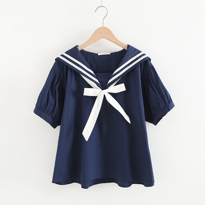 Elegant Cotton Pullover Sailor Collar Shirt