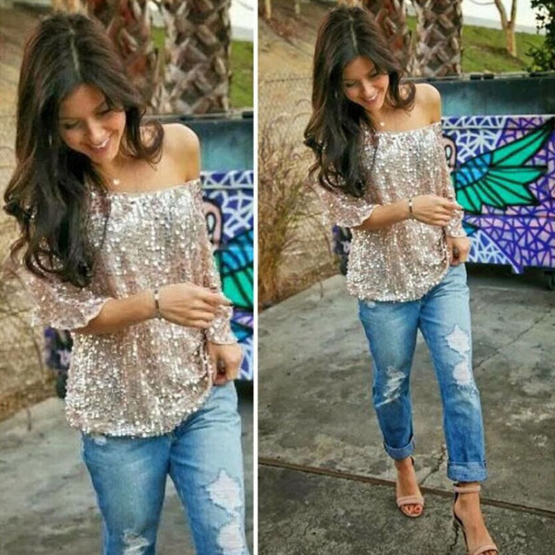 Women's Loose Off-the Shoulder Sequin Blouse