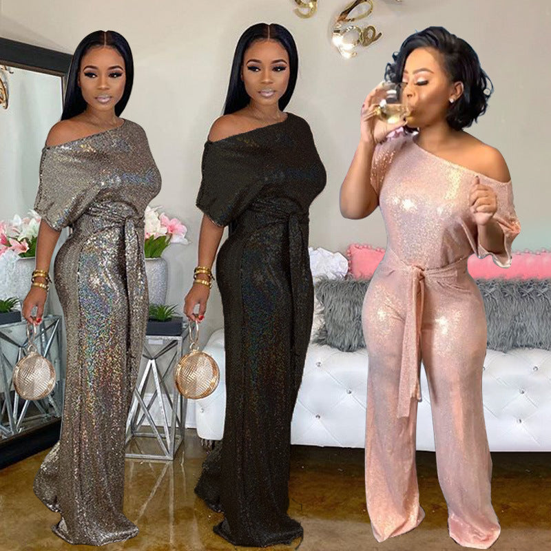 Ladies Off-the-shoulder Sequined Jumpsuit