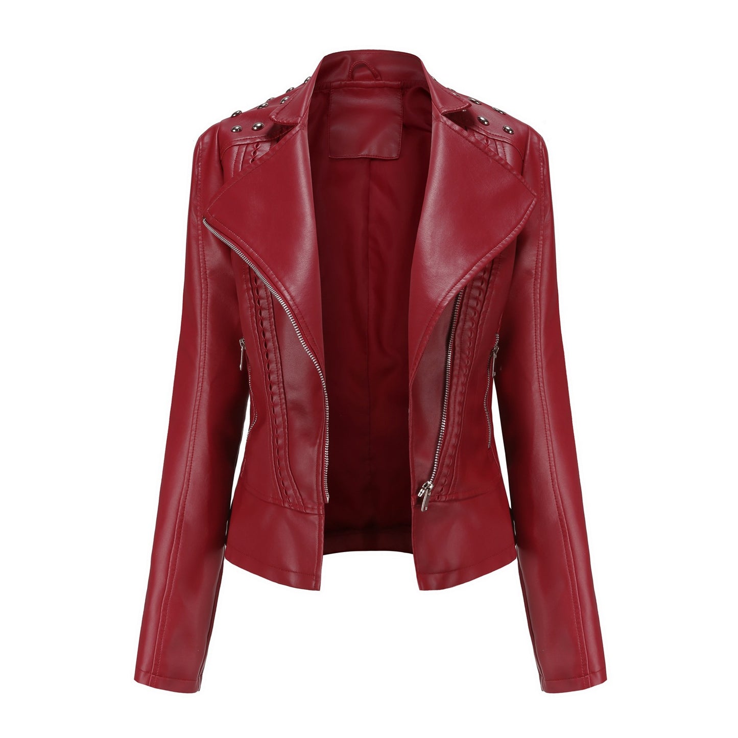 Beaded Leather Long-Sleeved Motorcycle Jacket