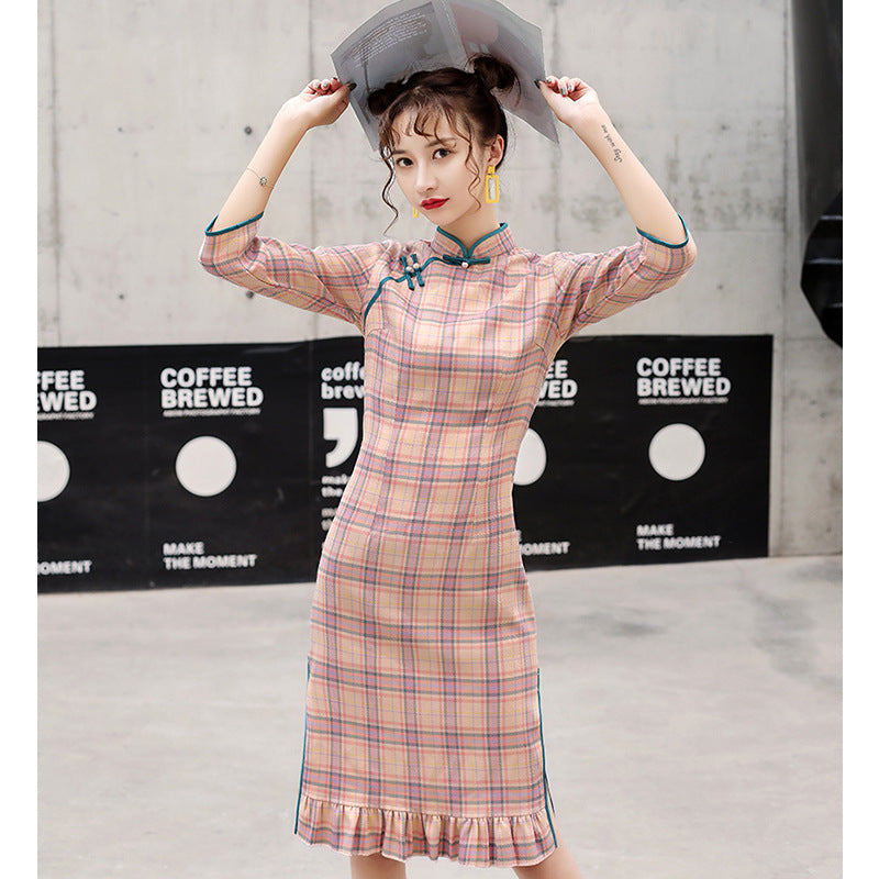 Retro Plaid Cheongsam Skirt