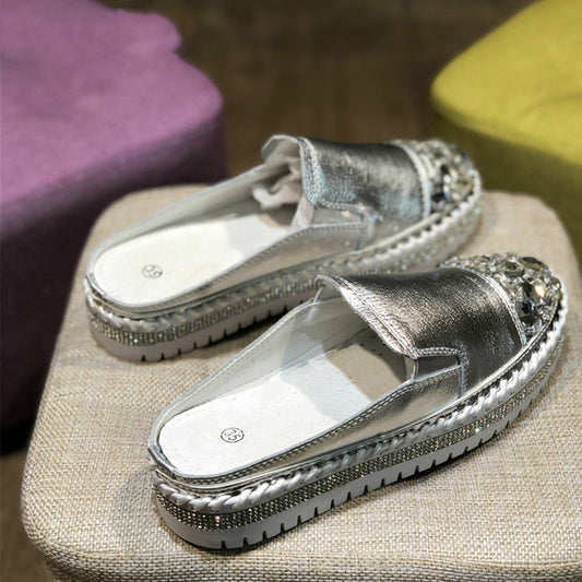 Women Rhinestone Silver Flats