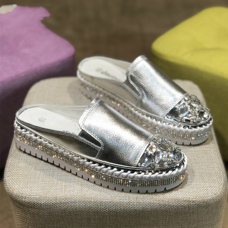Women Rhinestone Silver Flats