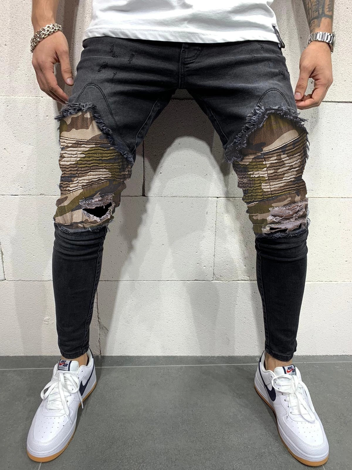 Men's Pleated Camouflage Fitted Jeans