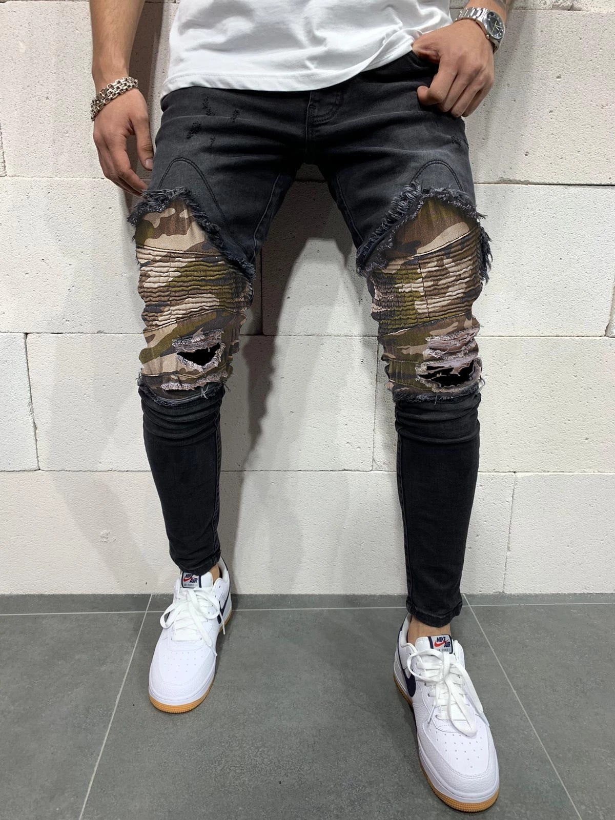 Men's Pleated Camouflage Fitted Jeans