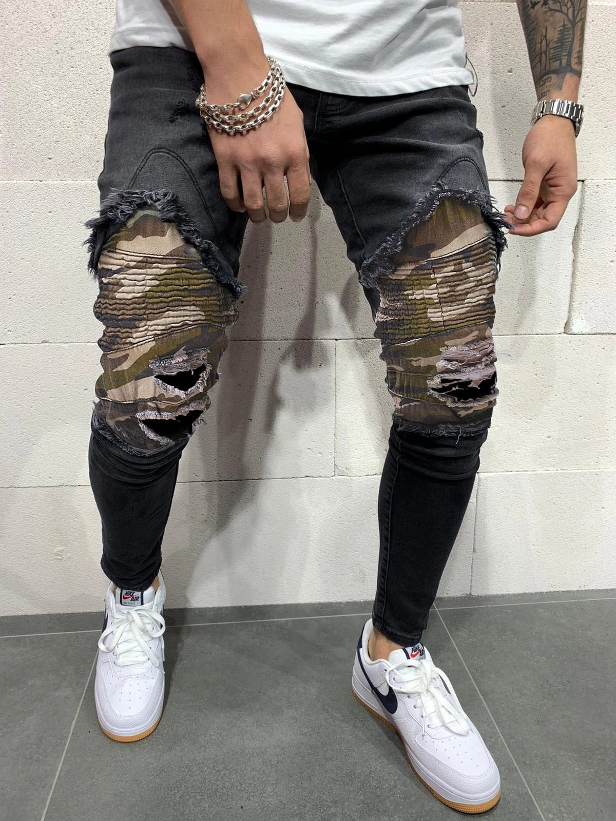 Men's Pleated Camouflage Fitted Jeans