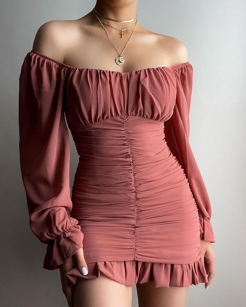 Off-the-Shoulder Ruched Bell Sleeve Dress