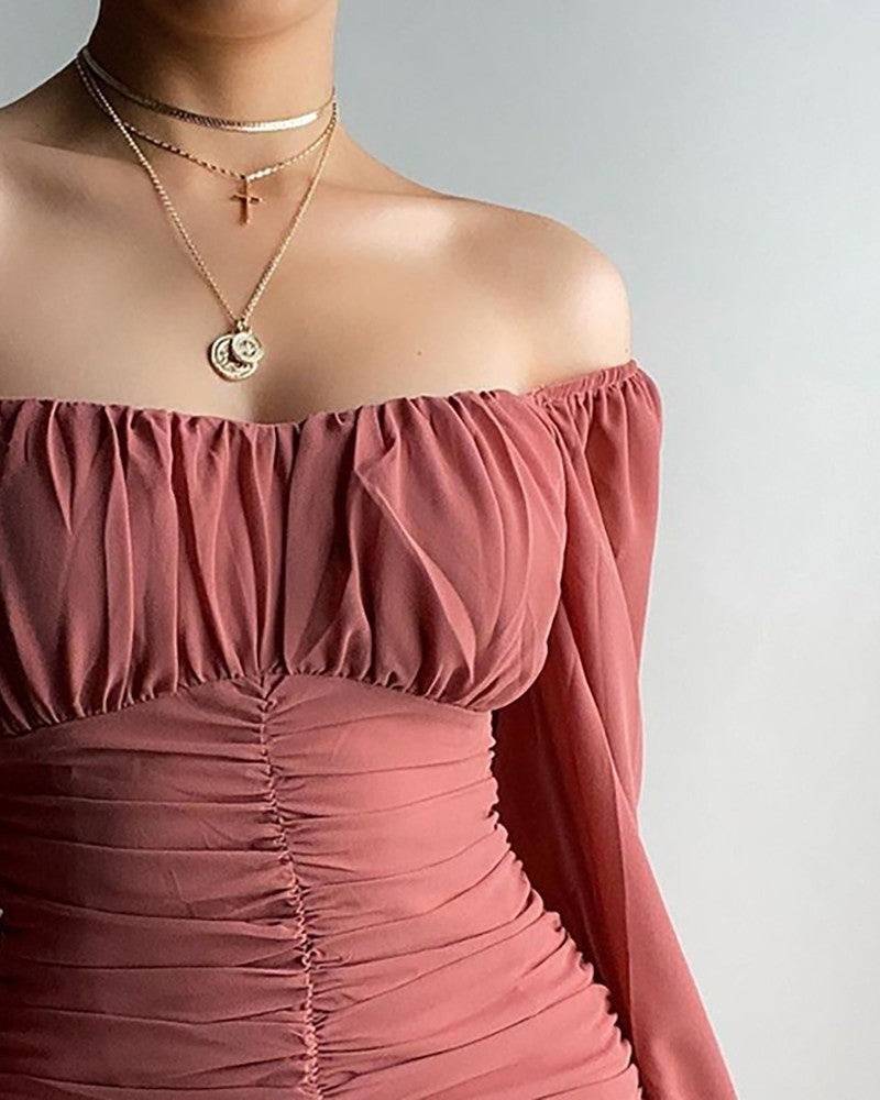 Off-the-Shoulder Ruched Bell Sleeve Dress