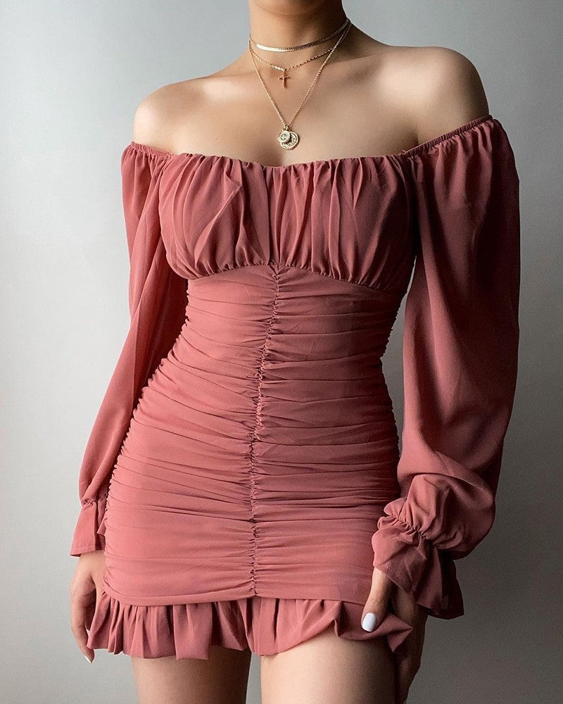 Off-the-Shoulder Ruched Bell Sleeve Dress