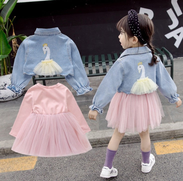 Girl's 2 Pcs Swan Print Denim Outfit