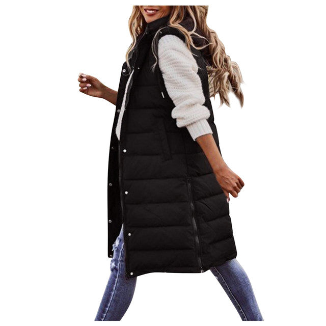 Solid Color Sleeveless Down Long Winter Jacket