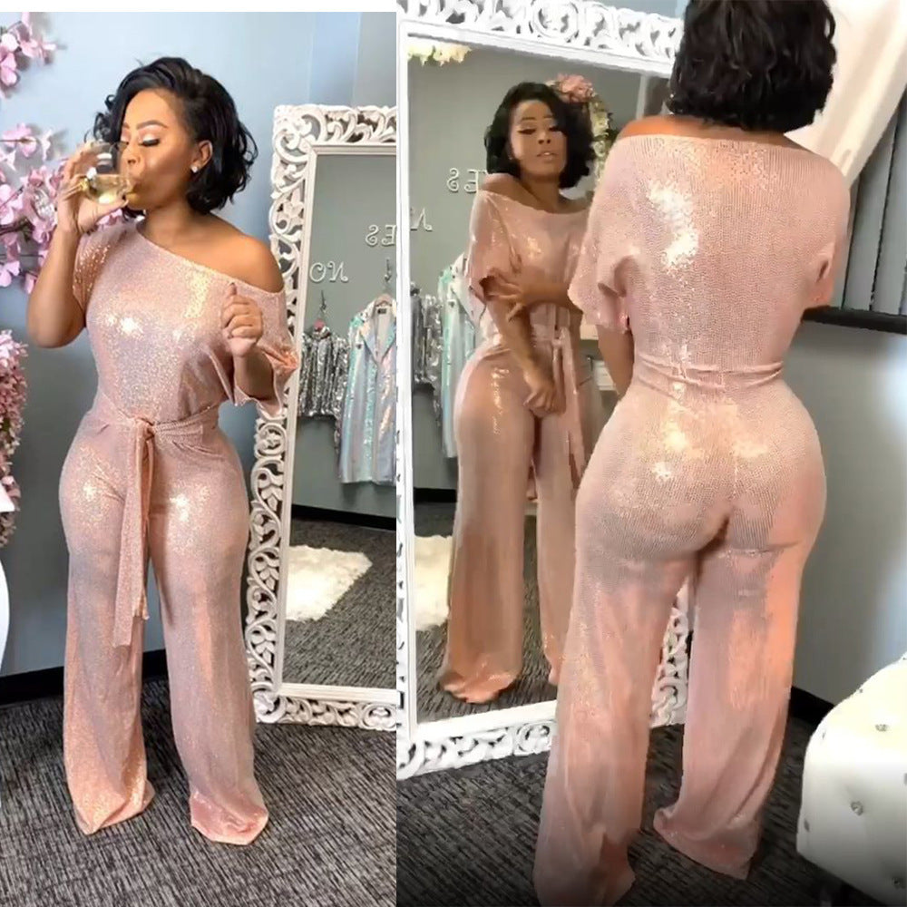 Ladies Off-the-shoulder Sequined Jumpsuit
