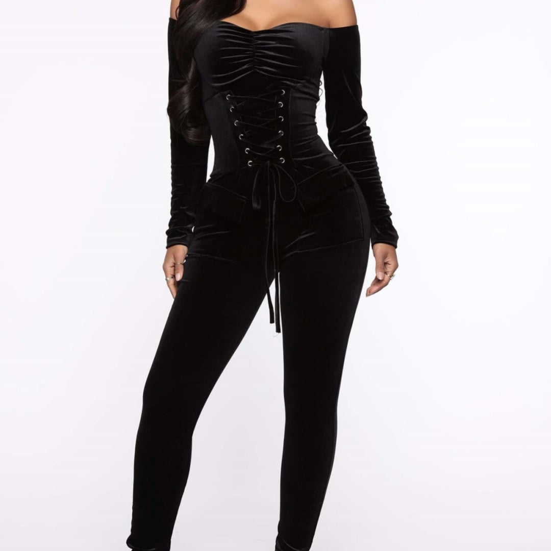 Velvet Off-the-shoulder Fitted Jumpsuit