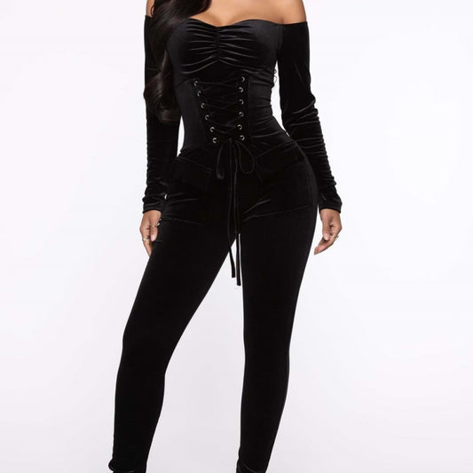 Velvet Off-the-shoulder Fitted Jumpsuit