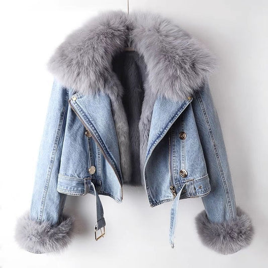 Detachable Fox Fur Liner Denim Coat