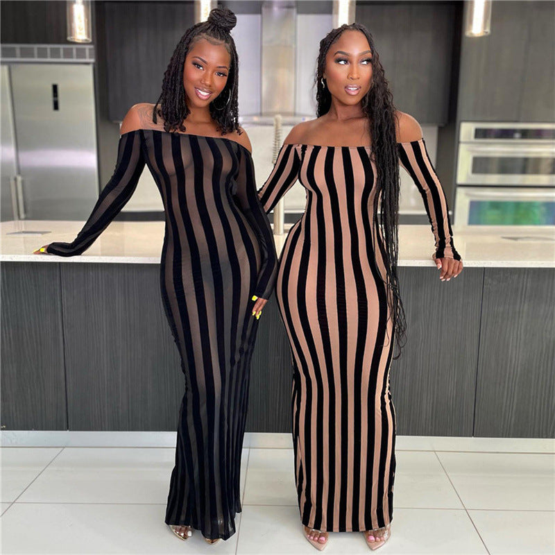 Striped Down Fitted  Dress