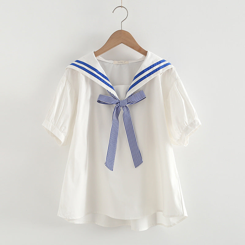 Elegant Cotton Pullover Sailor Collar Shirt