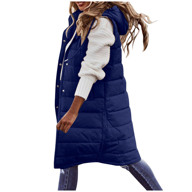 Solid Color Sleeveless Down Long Winter Jacket