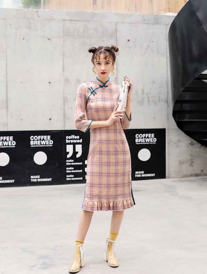 Retro Plaid Cheongsam Skirt