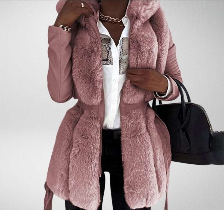 Fur Belt Hooded Zipper Jacket