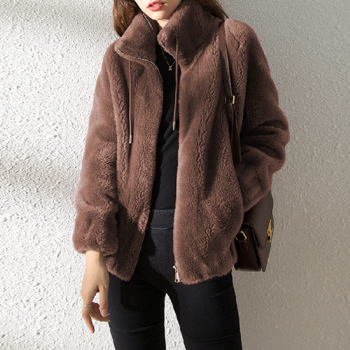 Double Faced Fleece High Neck Cardigan For Women