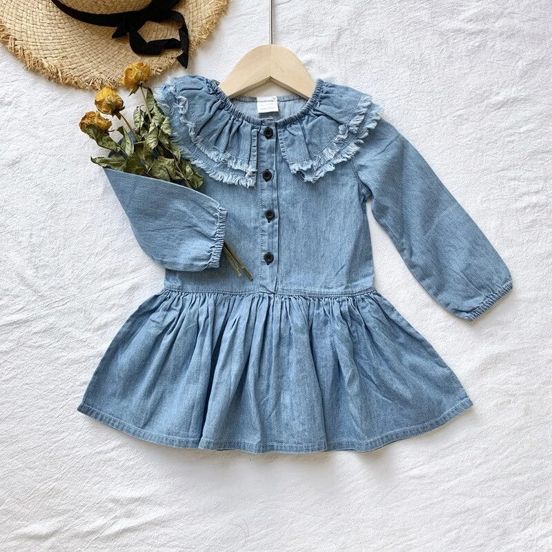 Girl's Denim Dress with Lotus Collar