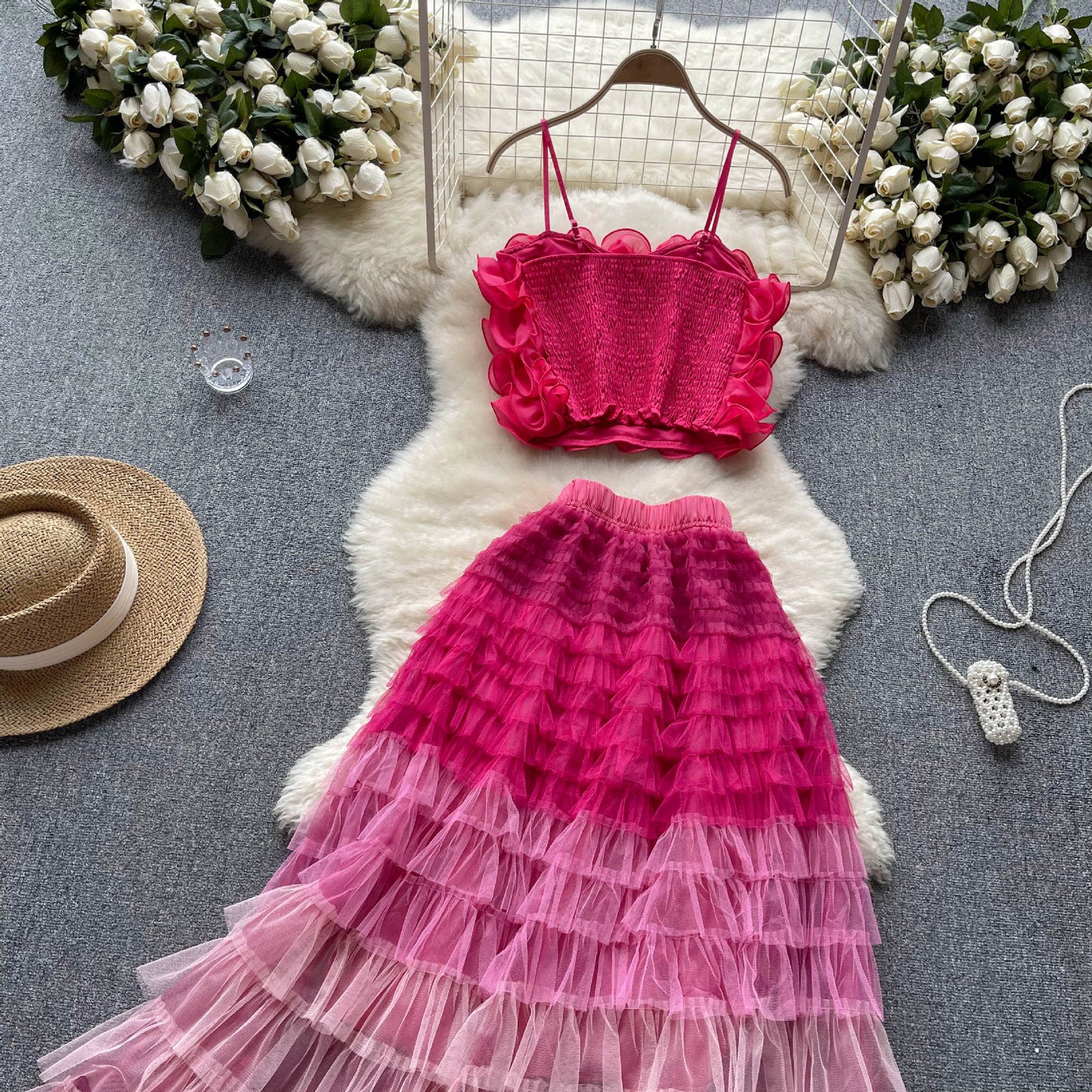 3-dimensional  Mesh Camisole Two-pcs Set