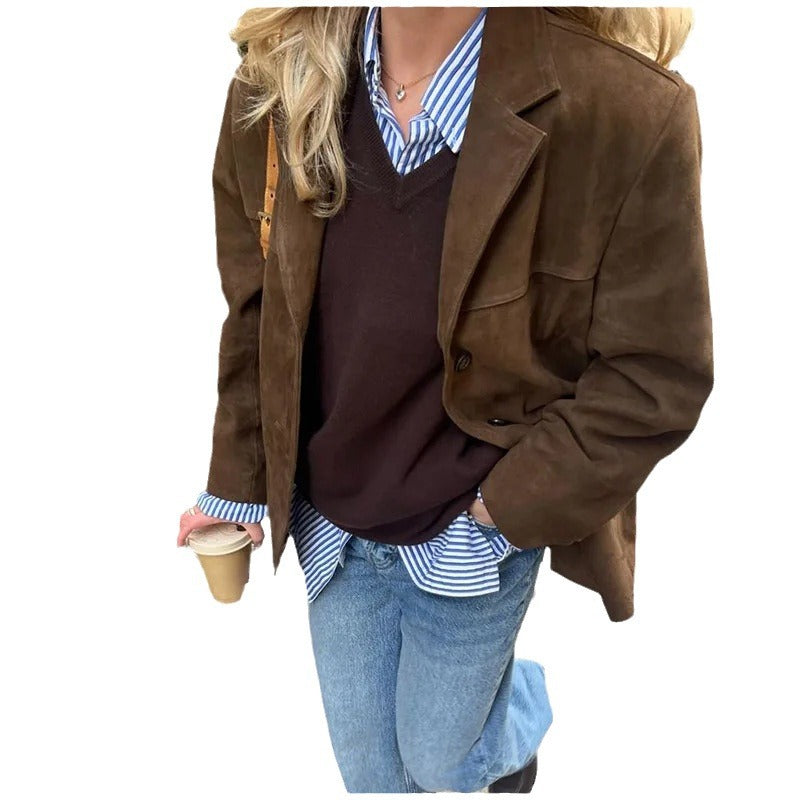 Artistic Retro Brown Lapel Jacket With Pockets